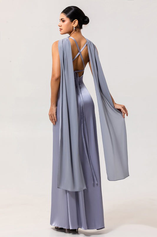 Simple Dusty Blue V-Neck Satin Long Bridesmaid Dress with Slit