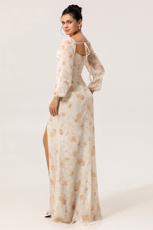 Yellow Corset Floral Long Sleeves Bridesmaid Dress with Slit