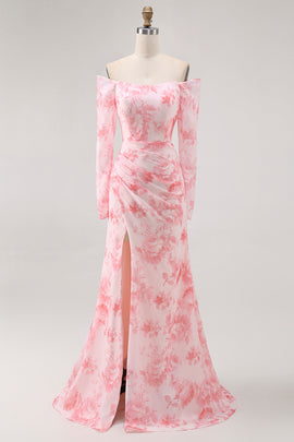 Pink Floral Mermaid Long Sleeves Long Wedding Guest Dress with Slit