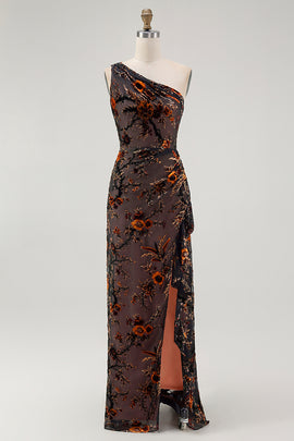Black Floral Burnout Velvet Long Wedding Guest Dress with Slit