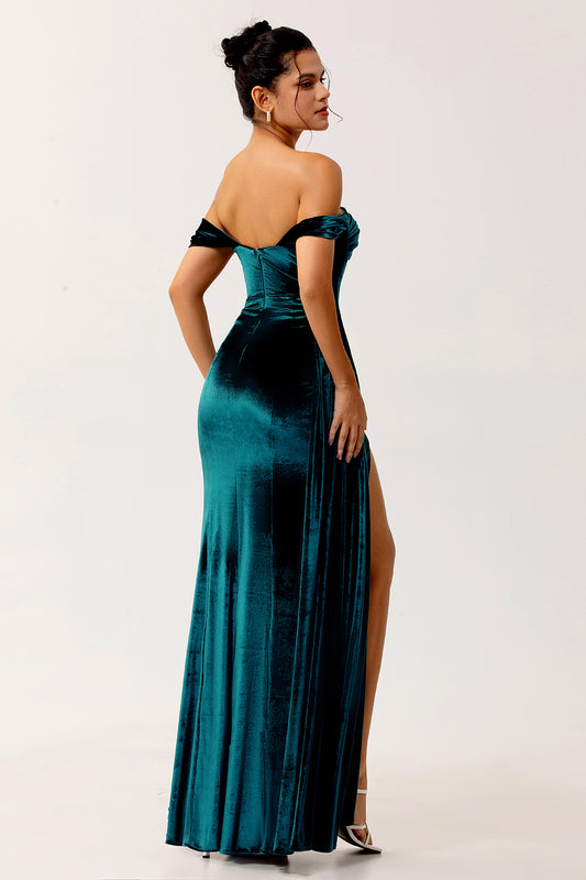 Peacock Green Corset Off the Shoulder Long Velvet Bridesmaid Dress with Slit