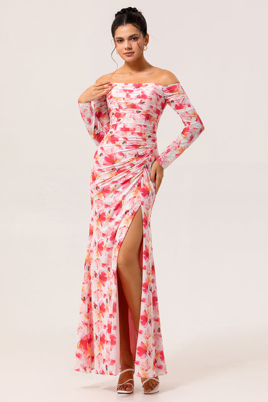 Pink Ruched Floral Long Sleeves Bridesmaid Dress with Slit