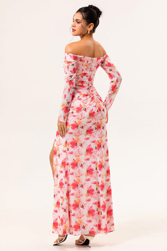 Pink Ruched Floral Long Sleeves Bridesmaid Dress with Slit