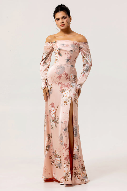 Blush Floral Satin Long Sleeves Bridesmaid Dress with Slit