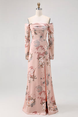 Blush Floral Off the Shoulder Satin Long Bridesmaid Dress with Slit