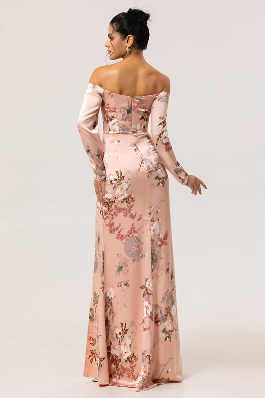 Blush Floral Satin Long Sleeves Bridesmaid Dress with Slit