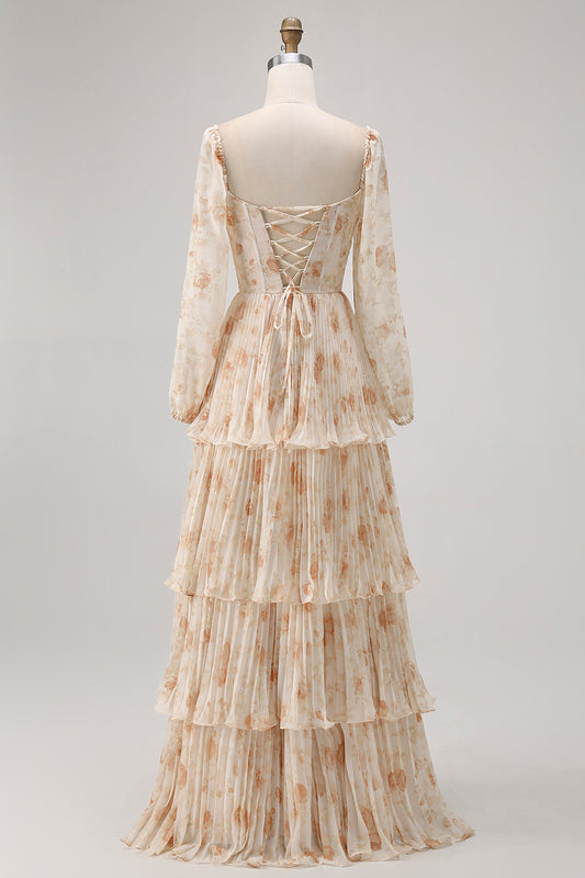 Champagne Floral Corset Tiered Long Bridesmaid Dress with Sleeves