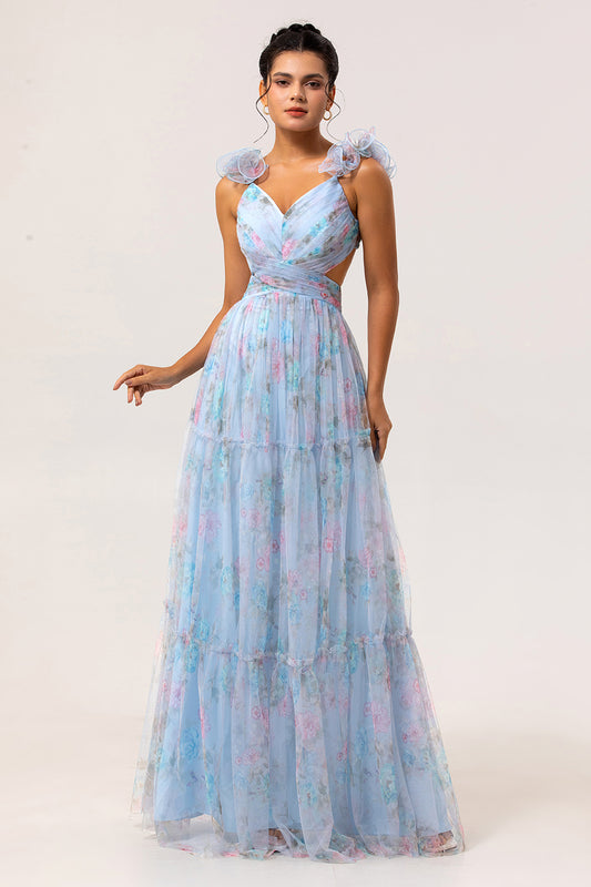 Blue V-Neck Floral A Line Long Bridesmaid Dress with Bow