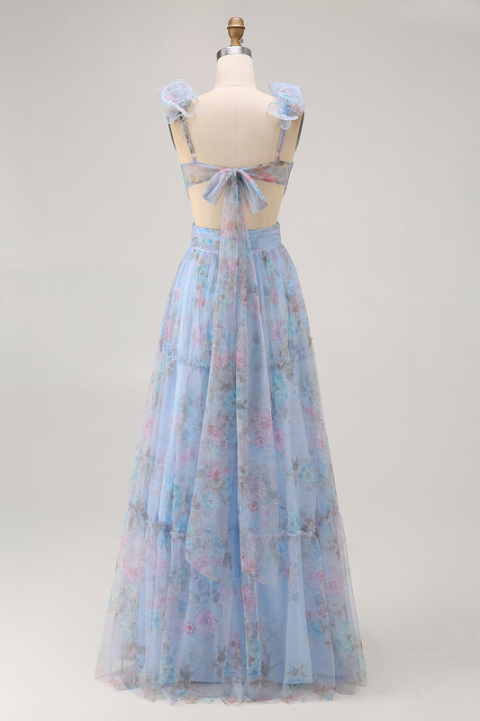 Blue Floral A Line V-Neck Long Bridesmaid Dress with Bow