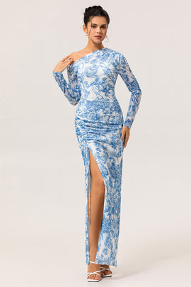 Blue One Shoulder Floral Satin Long Bridesmaid Dress with Slit
