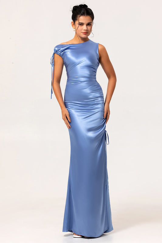 Simple Blue Satin Mermaid Long Bridesmaid Dress with Slit