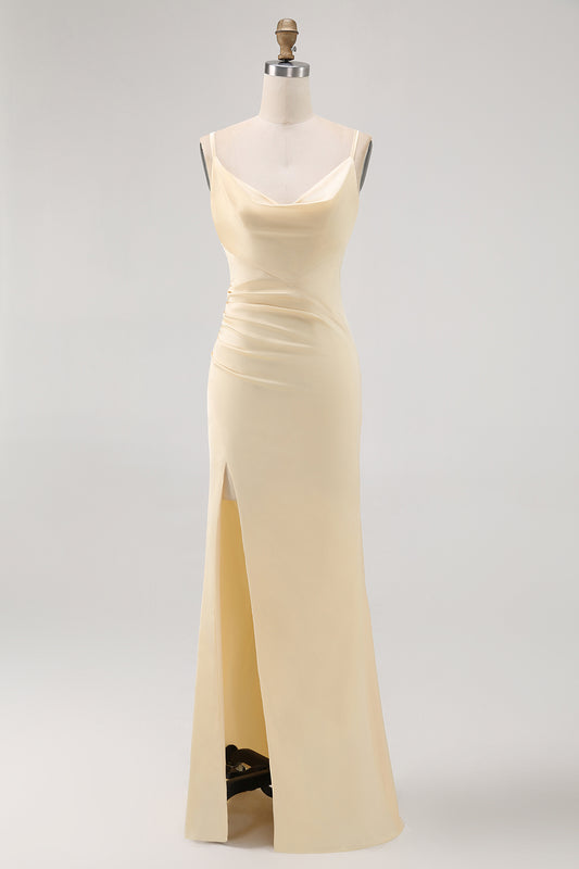 Daffodil Mermaid Ruched Long Wedding Guest Dress with Slit