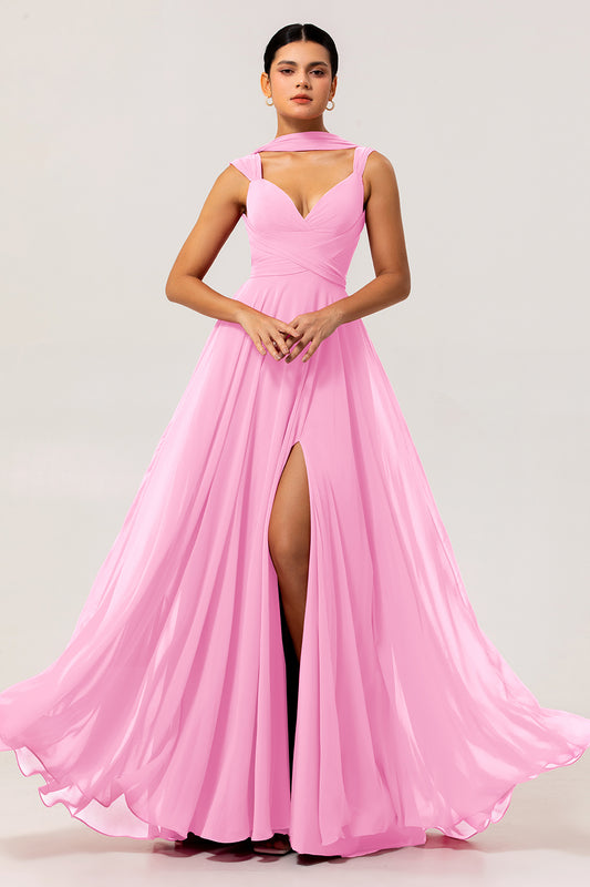 Zapaka Blush Pink Chiffon Long Bridesmaid Dress with Slit Straps A Line Wedding Guest Dress with Sash
