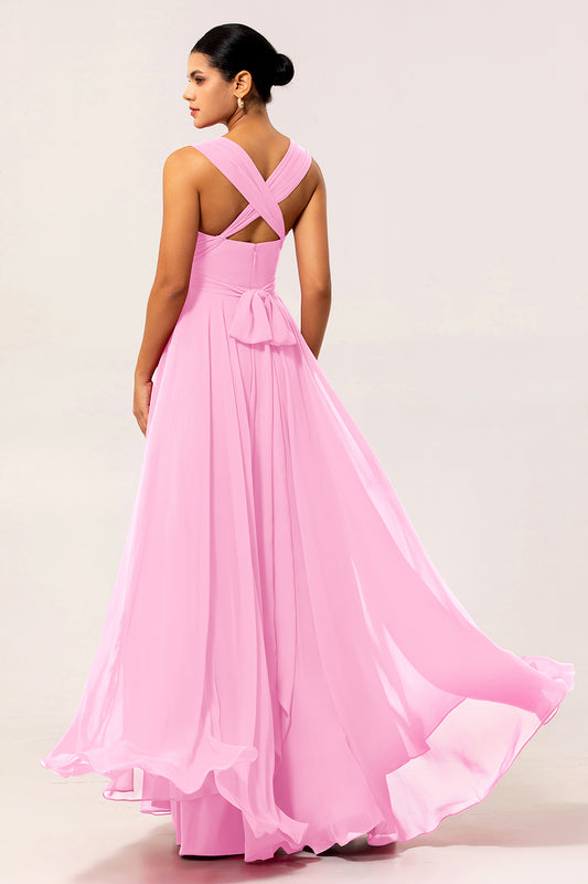Blush Pink Chiffon Long A Line Bridesmaid Dress with Slit