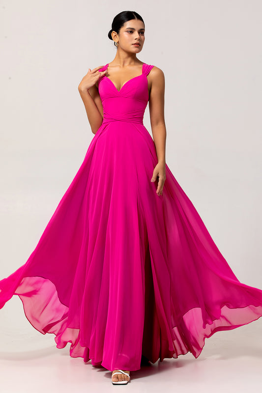 Zapaka Fuchsia Chiffon Long Bridesmaid Dress with Slit Straps A Line Wedding Guest Dress with Sash