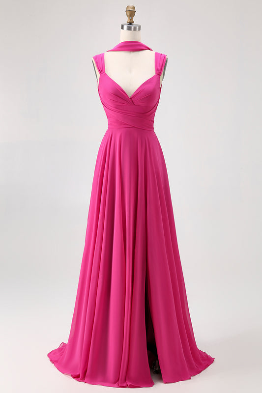 Zapaka Fuchsia Chiffon Long Bridesmaid Dress with Slit A Line Straps Formal Wedding Guest Dress with Sash