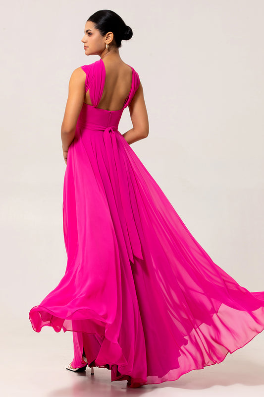 Fuchsia A Line Chiffon Long Bridesmaid Dress with Slit