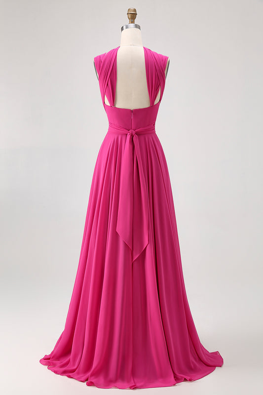 Fuchsia Chiffon A Line Long Bridesmaid Dress with Slit