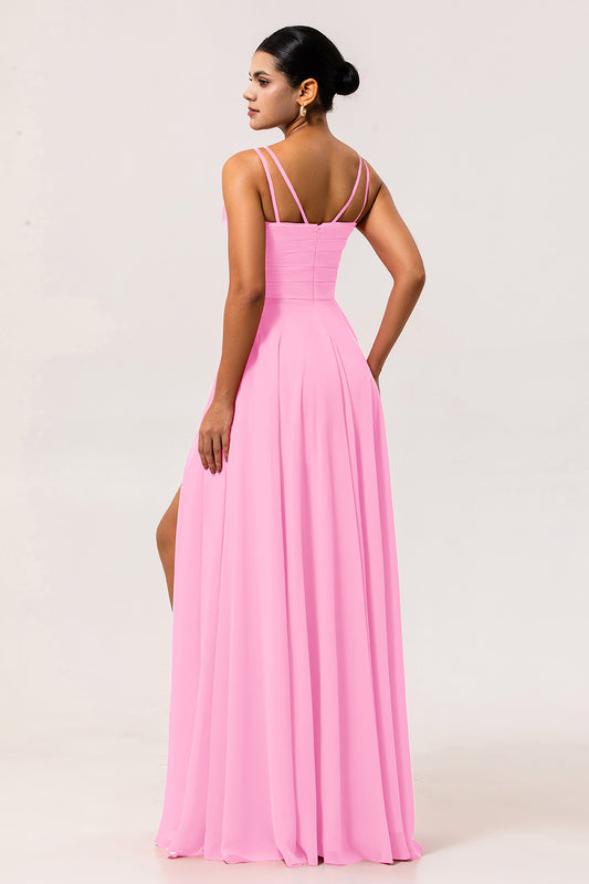 Blush Pink A Line Long Chiffon Wedding Guest Dress with Slit