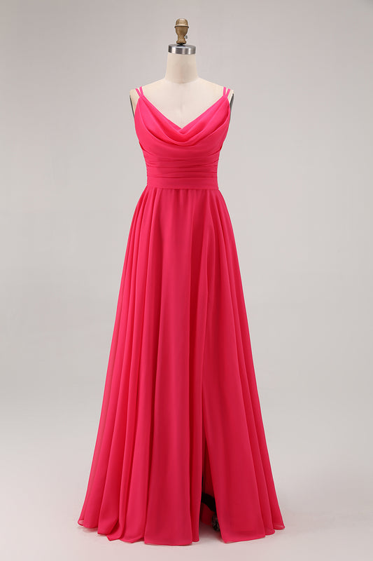 Hot Pink A Line Chiffon Long Wedding Guest Dress with Slit