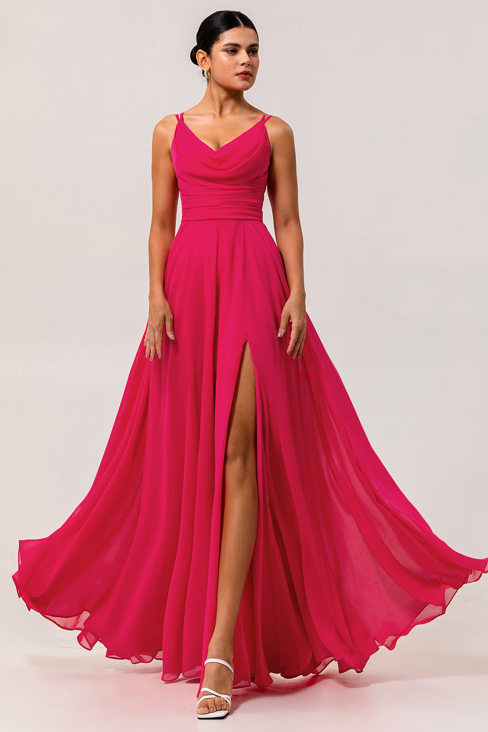 Zapakasa Women Hot Pink Chiffon Long Wedding Guest Dress with Slit Cowl Neck A Line Bridesmaid Dress Zapakasa Women Hot Pink Chiffon Long Wedding Guest Dress with Slit Cowl Neck A Line Bridesmaid Dress