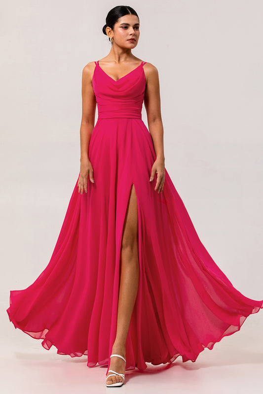 Hot Pink Chiffon A Line Long Wedding Guest Dress with Slit