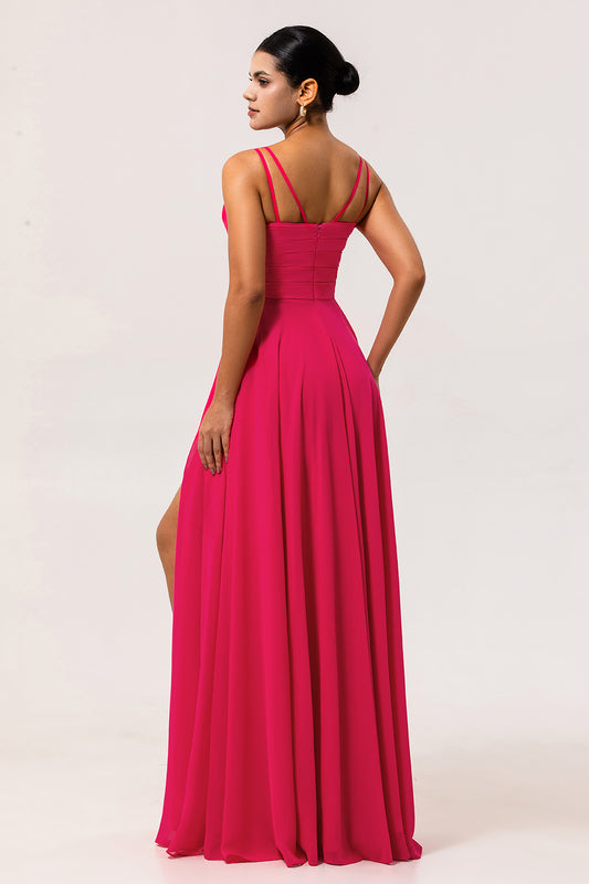 Hot Pink Chiffon A Line Long Wedding Guest Dress with Slit