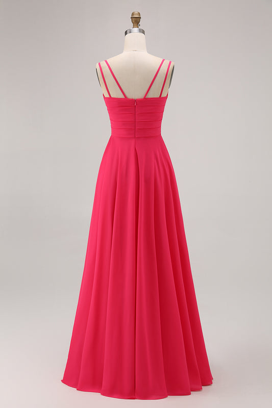 Hot Pink A Line Chiffon Long Wedding Guest Dress with Slit