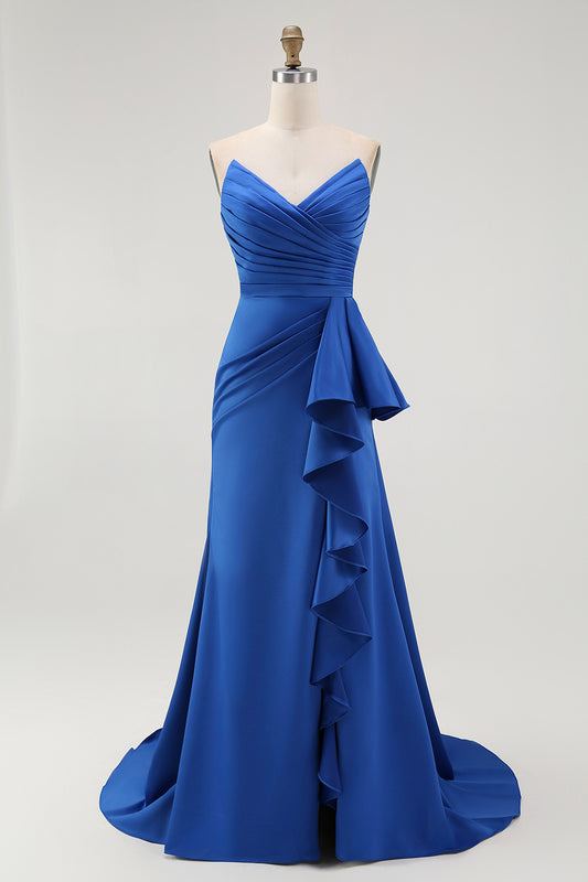 Royal Blue Sweetheart Mermaid Satin Ruched Long Wedding Guest Dress