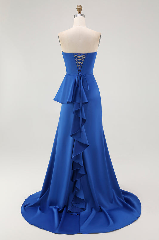Royal Blue Sweetheart Mermaid Satin Ruched Long Wedding Guest Dress