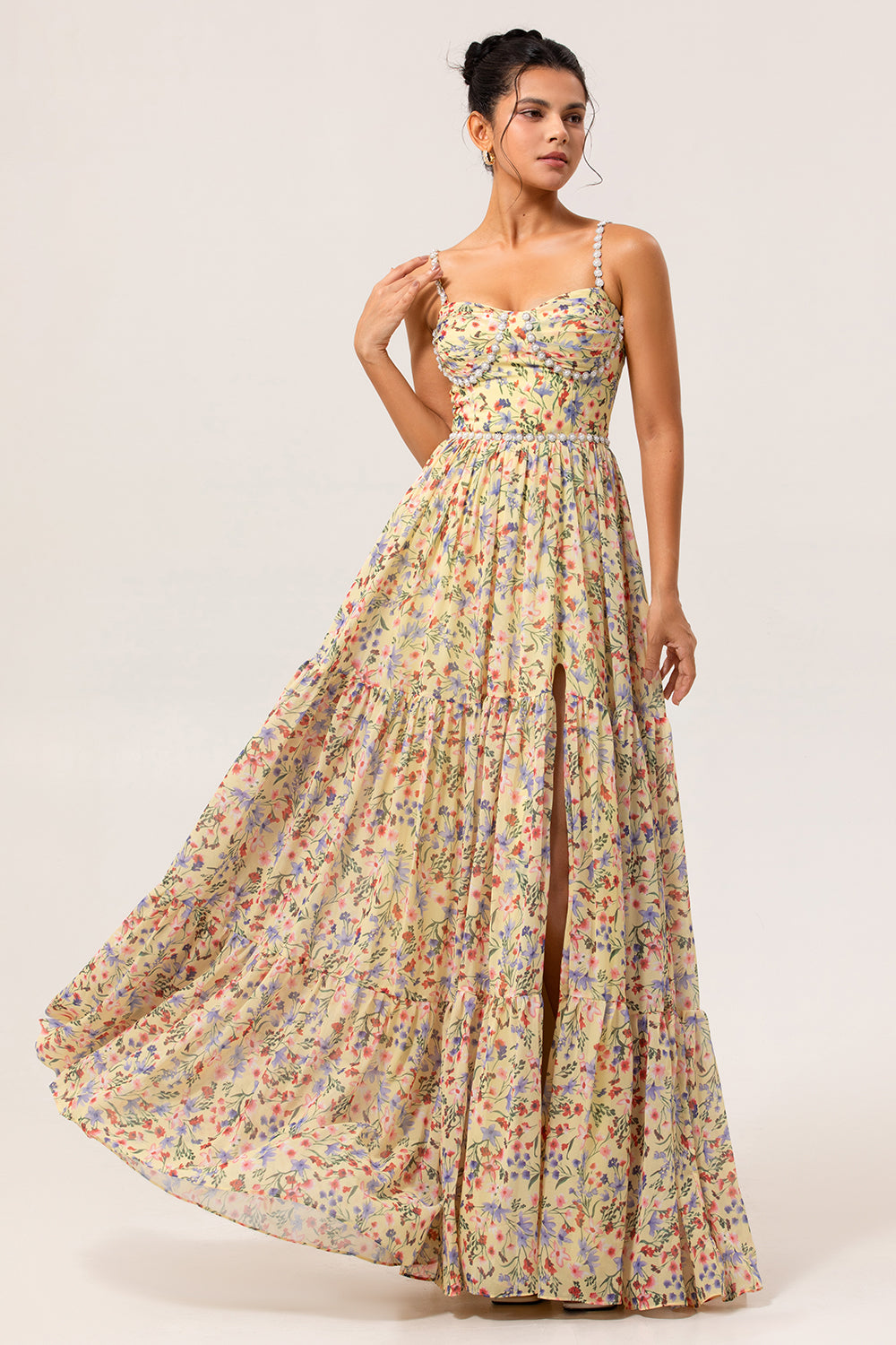 Zapakasa Women Sparkly Yellow Floral Chiffon Long Bridesmaid Dress with Slit Spaghetti Straps Lace Up Back A Line Wedding Guest Dress with Beading Zapakasa Women Sparkly Yellow Floral Chiffon Long Bridesmaid Dress with Slit Spaghetti Straps Lace Up Back A Line Wedding Guest Dress with Beading