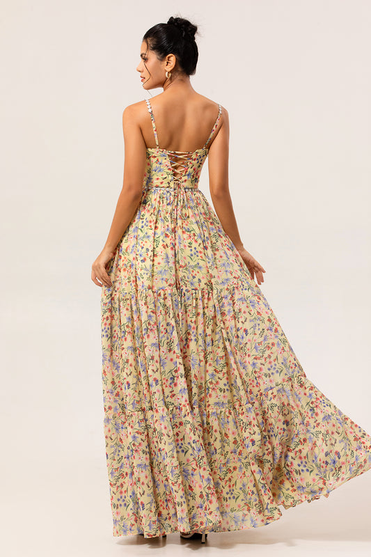 Yellow Floral Spaghetti Straps Chiffon Long Bridesmaid Dress with Slit