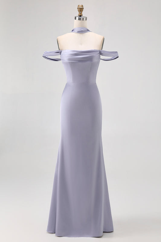 Dusty Blue Off the Shoulder Long Satin Bridesmaid Dress