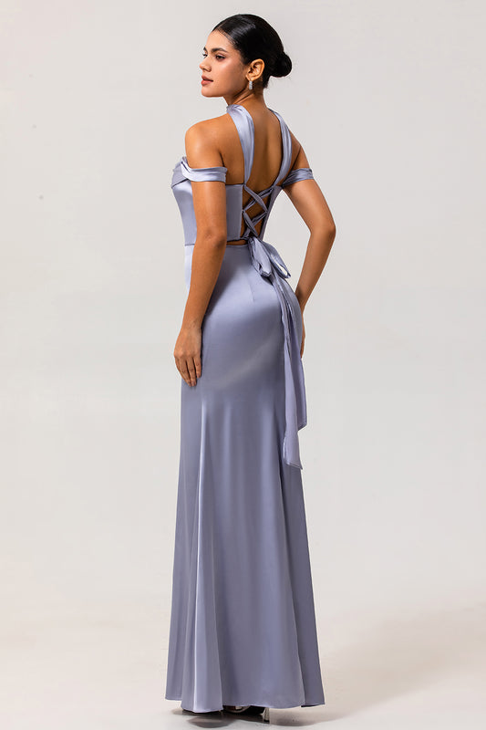 Dusty Blue Satin Off the Shoulder Long Bridesmaid Dress