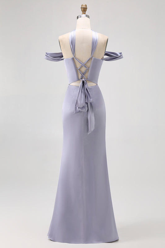 Dusty Blue Off the Shoulder Long Satin Bridesmaid Dress