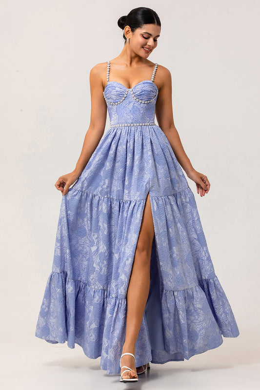 Sparkly Blue Floral Jacquard Long Bridesmaid Dress with Slit