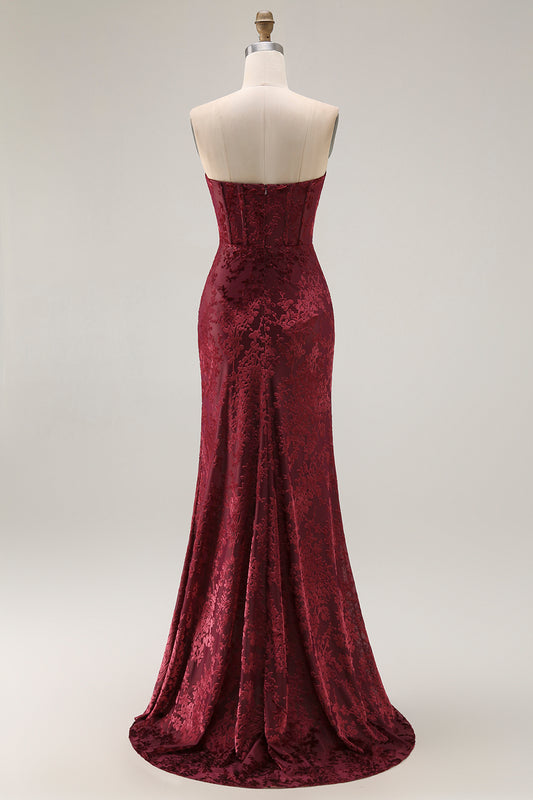 Burgundy Floral Velvet Corset Mermaid Long Wedding Guest Dress with Slit
