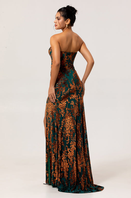 Peacock Green Strapless Corset Long Velvet Bridesmaid Dress with Slit