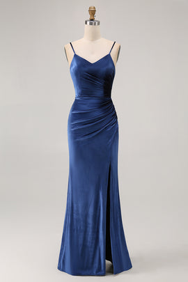 Simple Dark Blue Spaghetti Straps Long Velvet Bridesmaid Dress with Slit