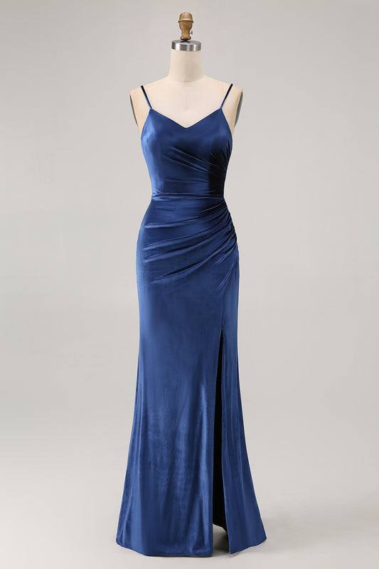 Simple Dark Blue Spaghetti Straps Long Velvet Bridesmaid Dress with Slit