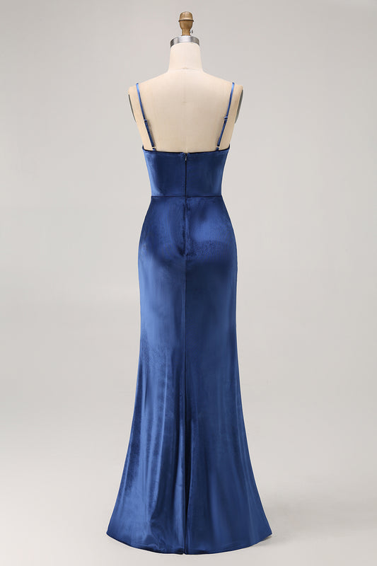 Simple Dark Blue Spaghetti Straps Long Velvet Bridesmaid Dress with Slit