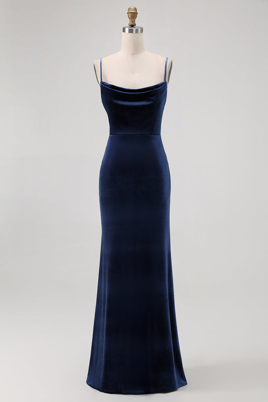 Dark Blue Velvet Spaghetti Straps Backless Long Bridesmaid Dress
