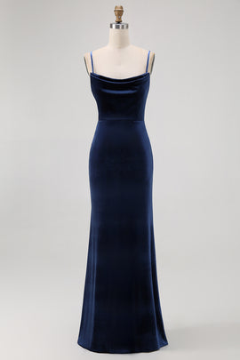 Dark Blue Velvet Spaghetti Straps Backless Long Bridesmaid Dress