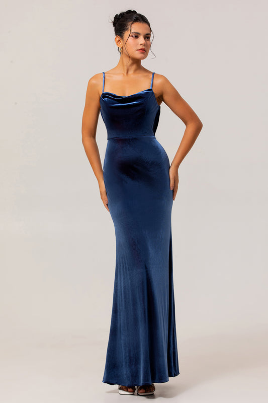 Dark Blue Spaghetti Straps Velvet Long Bridesmaid Dress