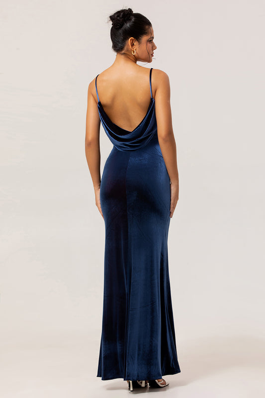Dark Blue Spaghetti Straps Velvet Long Bridesmaid Dress