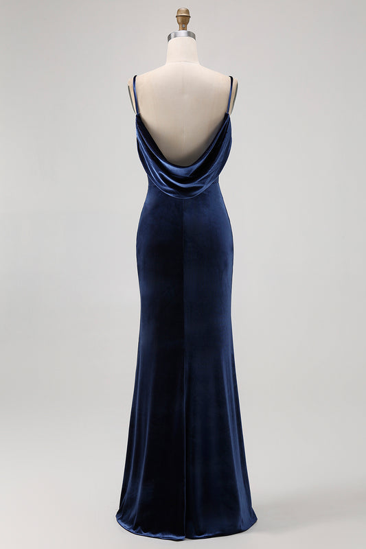 Dark Blue Velvet Spaghetti Straps Backless Long Bridesmaid Dress