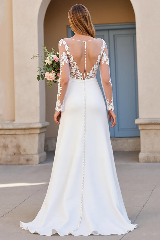 Ivory Long Sleeves A Line Sweep Train Wedding Dress with Lace