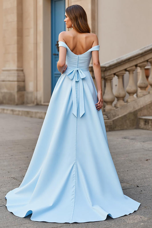 Sky Blue Off the Shoulder Satin Sweep Train Wedding Dress with Bow