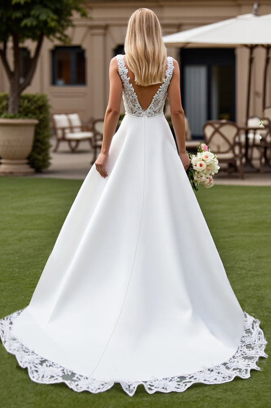 Ivory V-Neck Sweep Train Satin Wedding Dress with Lace