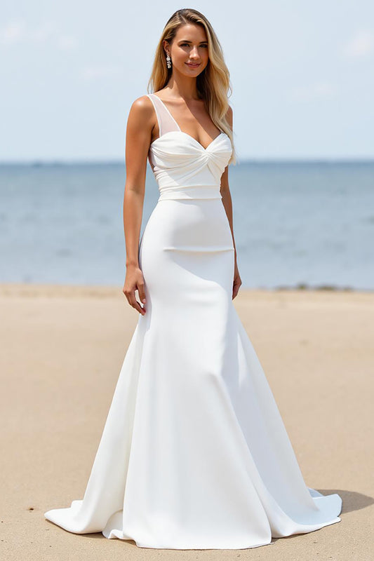 Ivory Mermaid Satin Backless Sweep Train Wedding Dress